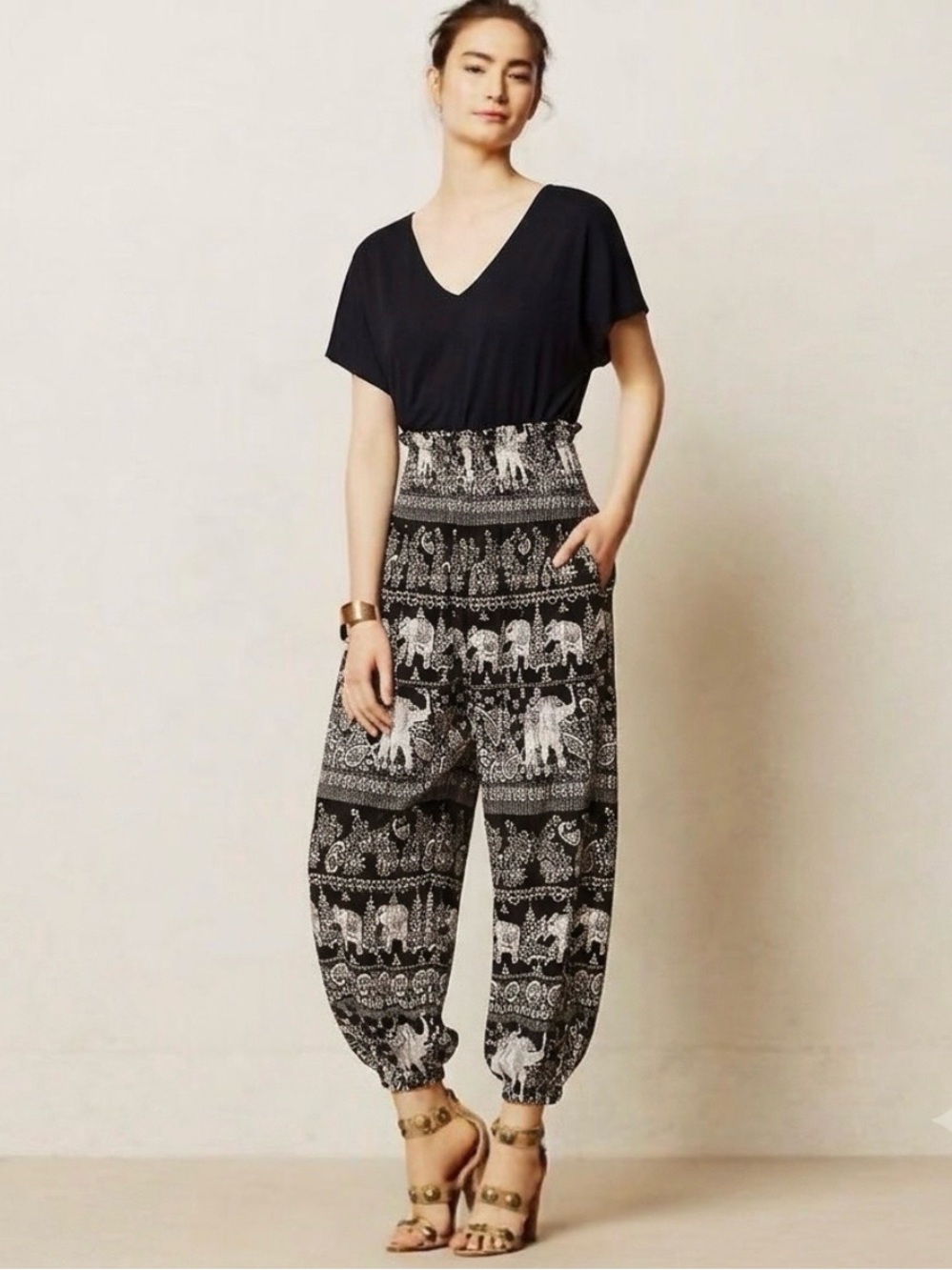 Jaipur Elephant Print Black Ivory Smocked Harem Balloon Pants S Boho Chic